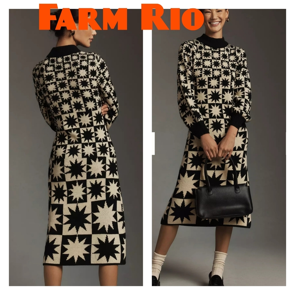 Farm Rio x Anthropologie Mock Neck A-Line Midi Sweater Dress
